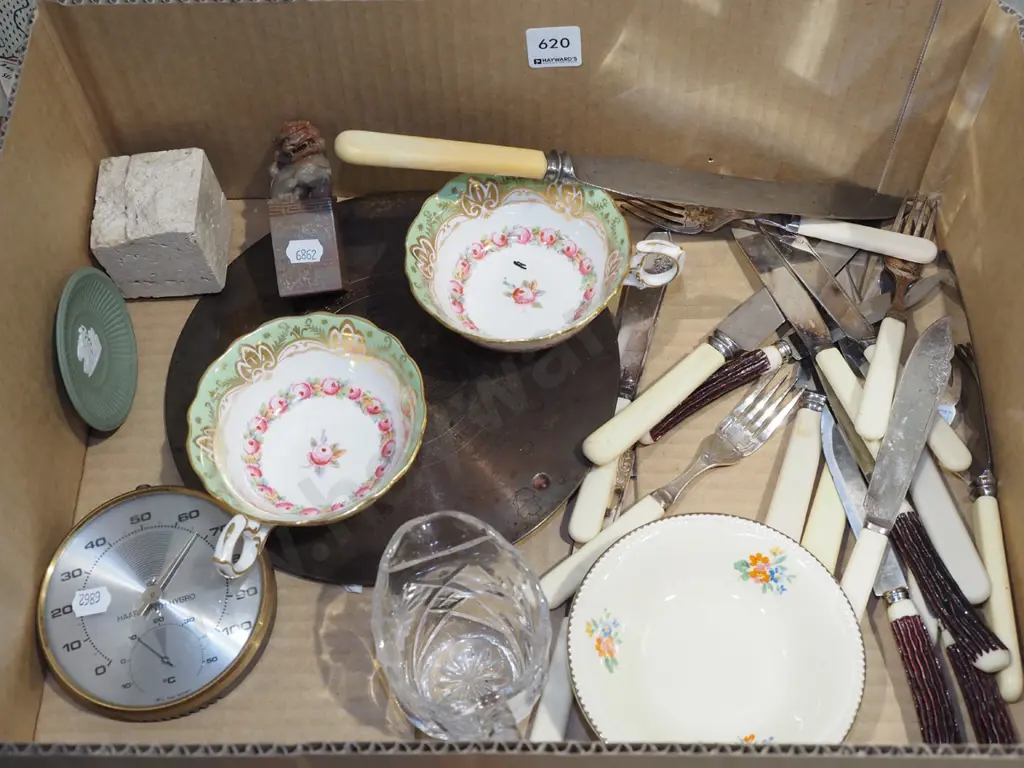 box; bone handled cutlery, tea cups, thermometer/hydrometer etc Image 1++