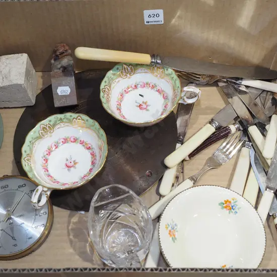 box; bone handled cutlery, tea cups, thermometer/hydrometer etc
