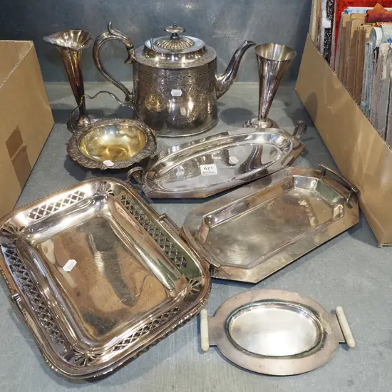 assorted plated ware; teapots, basket, trays etc