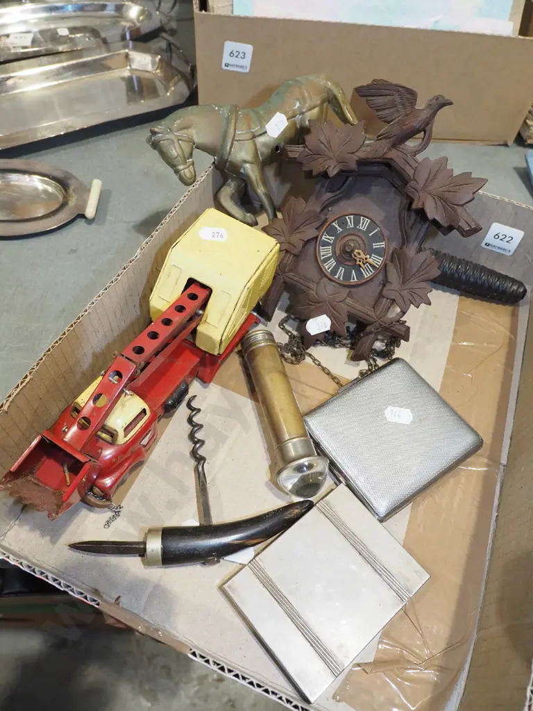 box; restorer's toy crane truck brass horse, small clock etc Image 1++