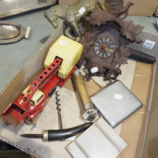 box; restorer's toy crane truck brass horse, small clock etc