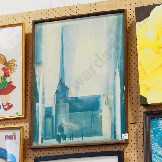 framed Cubist print - people outside cathedral