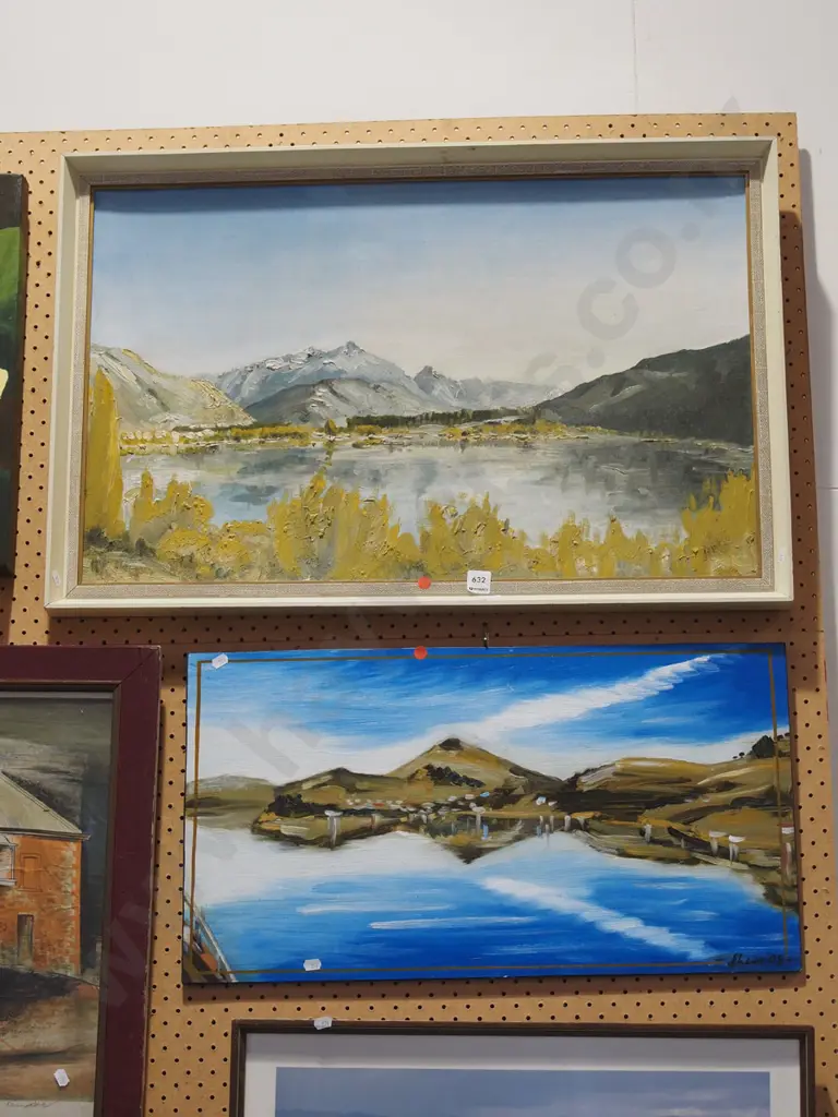 framed oil - lake and mountain scene , framed oil - Hereweka - red dots Image 1++