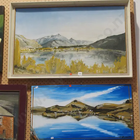 framed oil - lake and mountain scene , framed oil - Hereweka - red dots