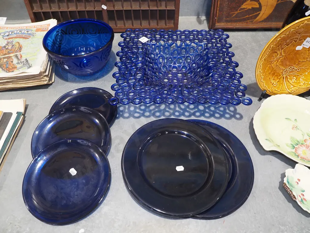 blue glass plates, bowls, piereced fruit bowl W370 Image 1++