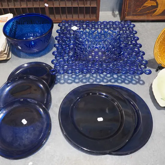 blue glass plates, bowls, piereced fruit bowl W370