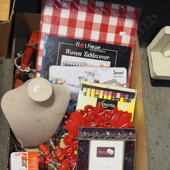 box; oil pastels, threads,  ceramic handles etc