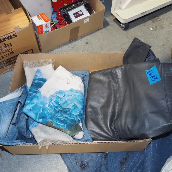 box; grey leather skirt, denim bag etc