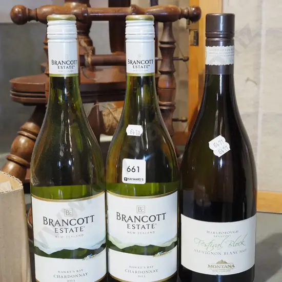2x bottles of Brancott Estate chardonnay 2013, bottle of Marlborough Brancott Festival Block sauvignon blanc 2007