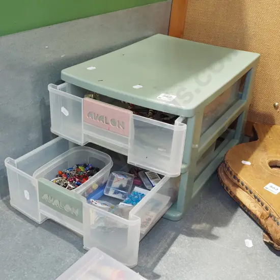plastic drawers; beads, costume jewellery