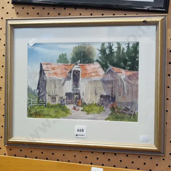framed watercolour - farm buildings