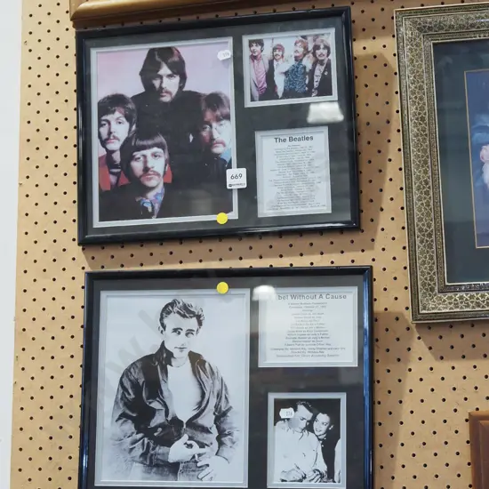 framed James Dean, framed Beatles - yellow dots