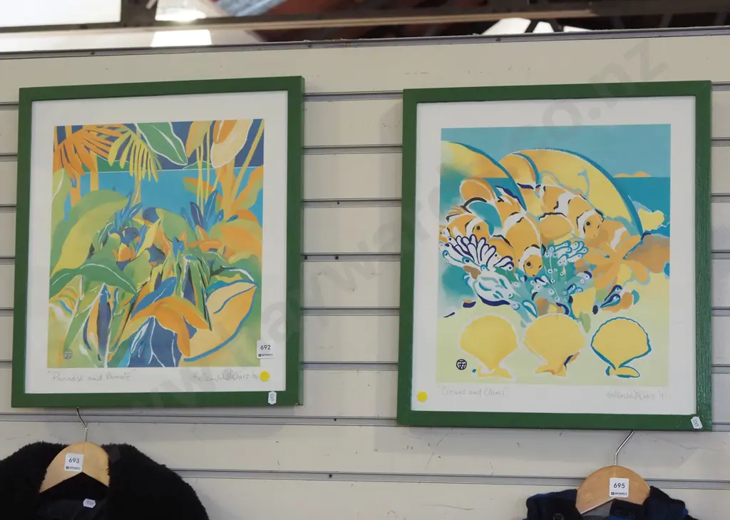 2x framed prints - paradise and parrots, clowns and clams - yelow dots Image 1++