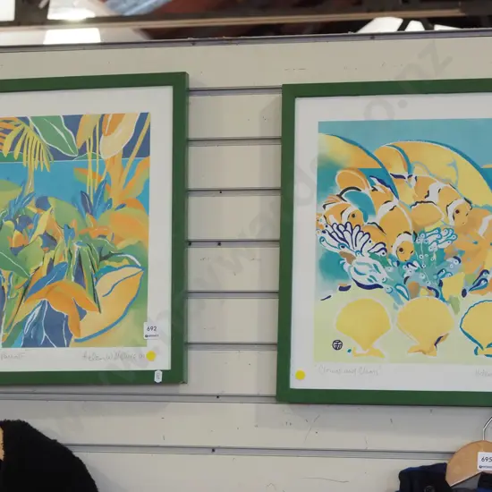 2x framed prints - paradise and parrots, clowns and clams - yelow dots