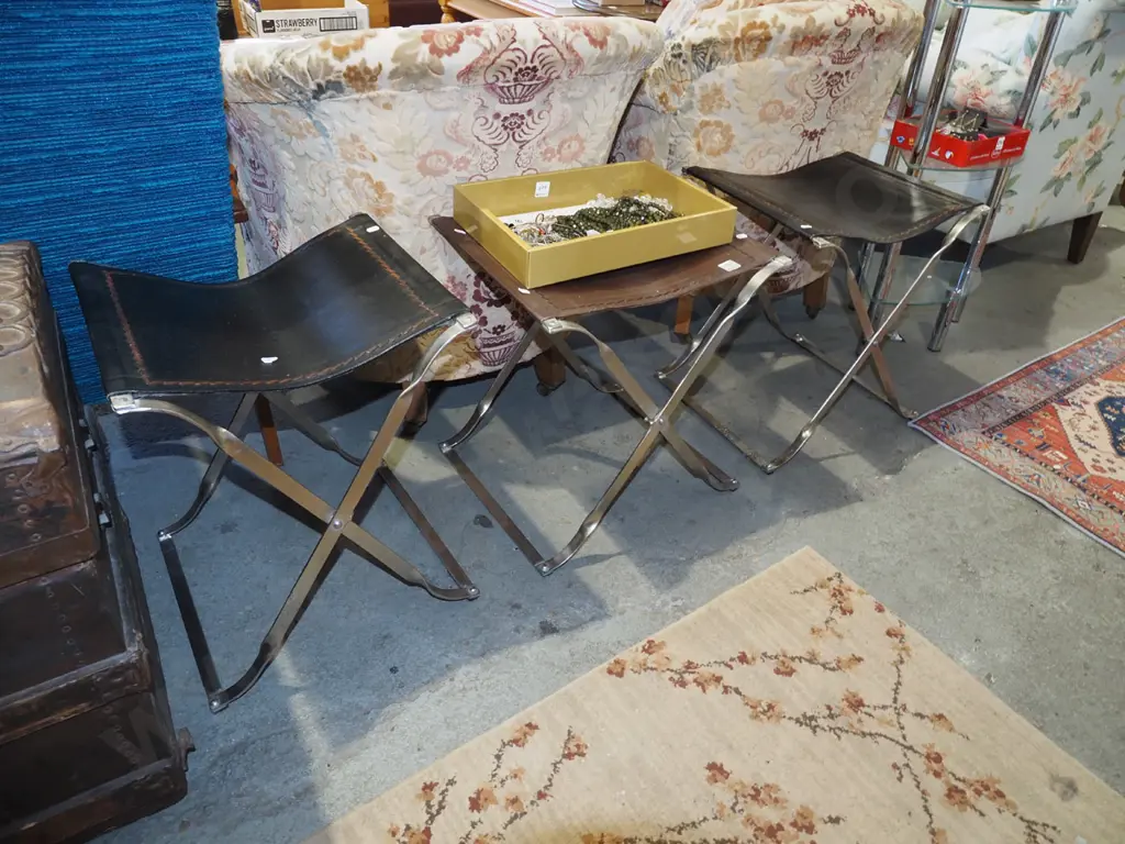 3x polished metal and heavy leather foldaway stools Image 1++