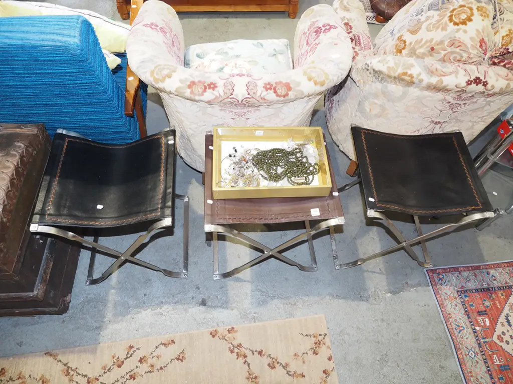 3x polished metal and heavy leather foldaway stools Image 1++