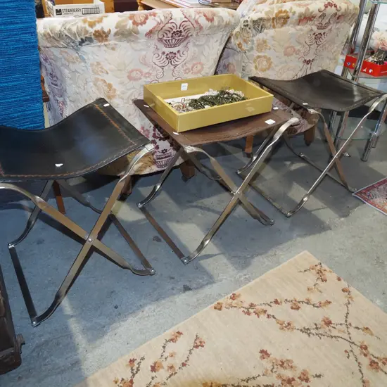 3x polished metal and heavy leather foldaway stools