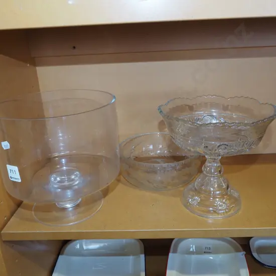 glass comports, etched crystal bowl