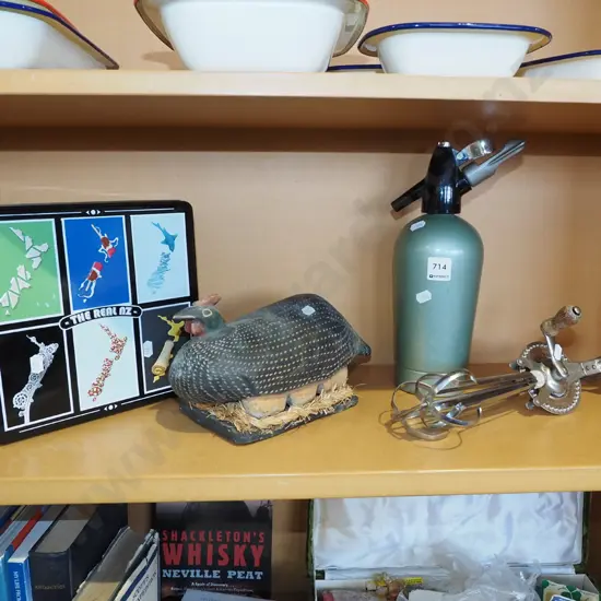 shelf; wooden chicken, biscuit tin, soda syphon etc