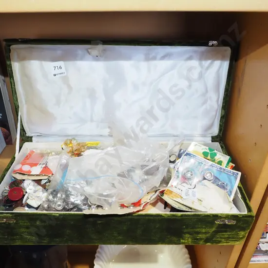 green velevet sewing box, buttons, domes