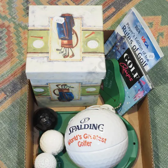 box; golf ball money box, golf books etc