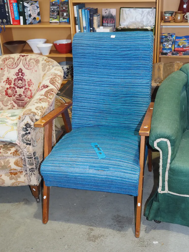 mid century blue armchair - repair to upholstery Image 1++