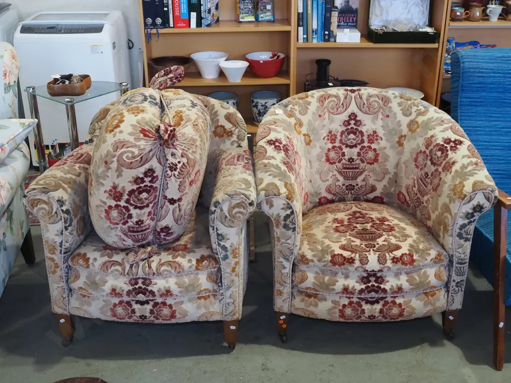 2x floral upholstered tub chair and matching ottoman Image 1++
