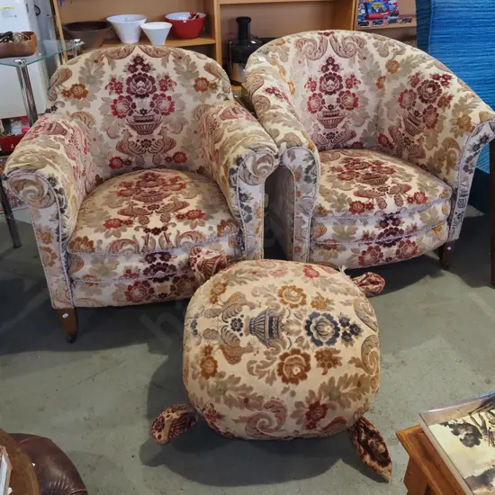2x floral upholstered tub chair and matching ottoman