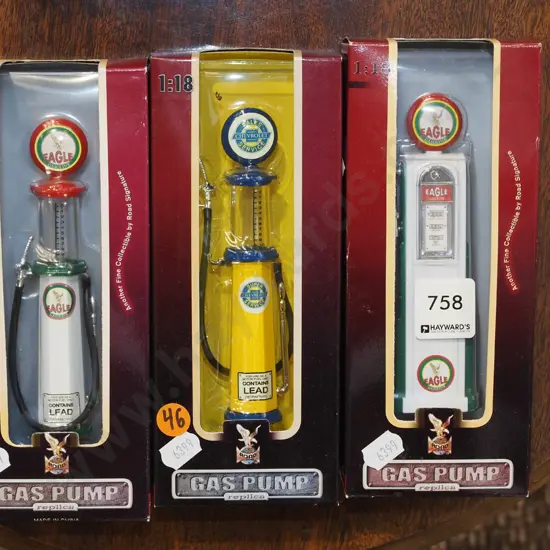 3x boxed scale models of vintage petrol pumps