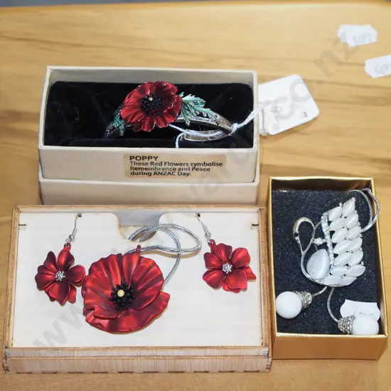 poppy bracelet, necklace and earring set, swan pendant necklace
