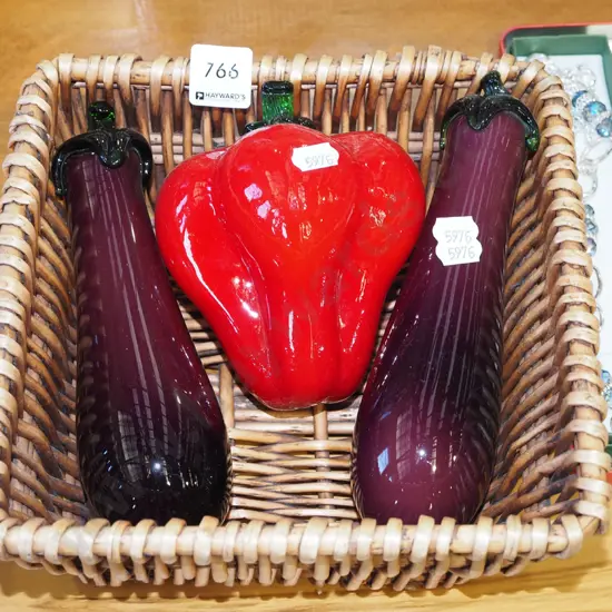 cane basket, glass pepper and aubergines
