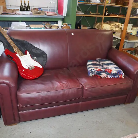 burgundy leather rolled arm 2 seater settee