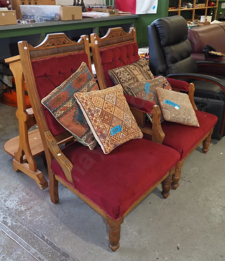 Edwardian deep button red velvet upholstered his and her fireside chairs Image 1++