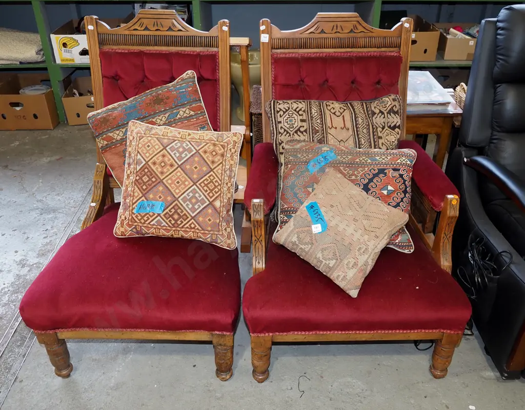 Edwardian deep button red velvet upholstered his and her fireside chairs Image 1++