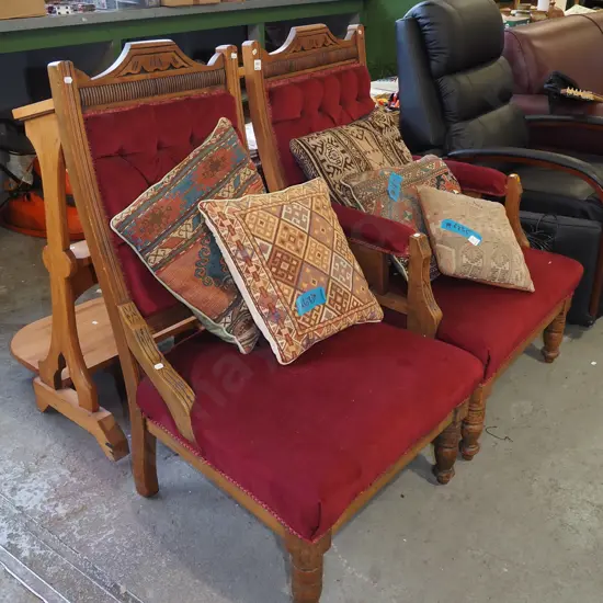Edwardian deep button red velvet upholstered his and her fireside chairs