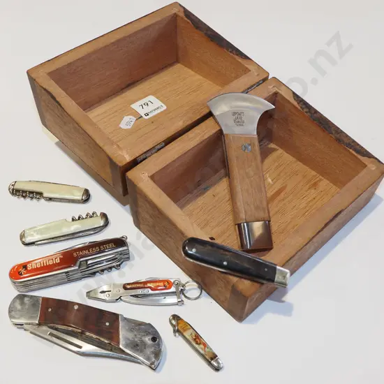 small wooden box & pocket knives