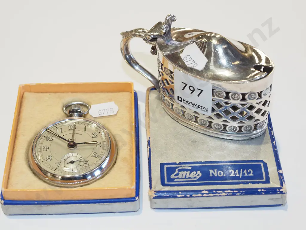 plated case for glass mustard pot (missing glass) + pocket watch Image 1++