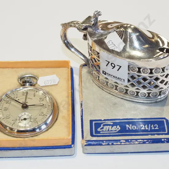 plated case for glass mustard pot (missing glass) + pocket watch
