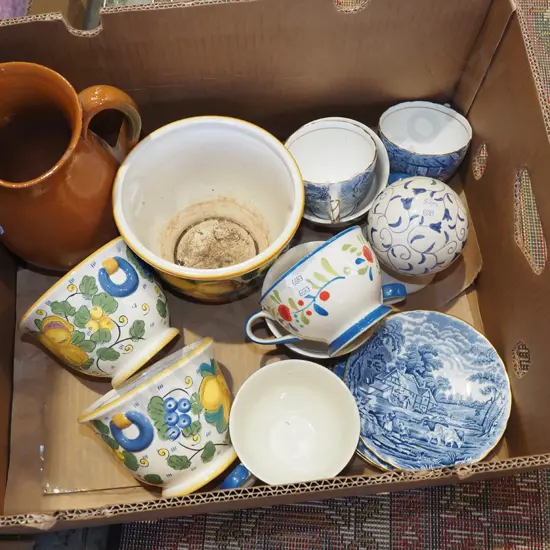 box jardinieres, terracotta jug, cups etc