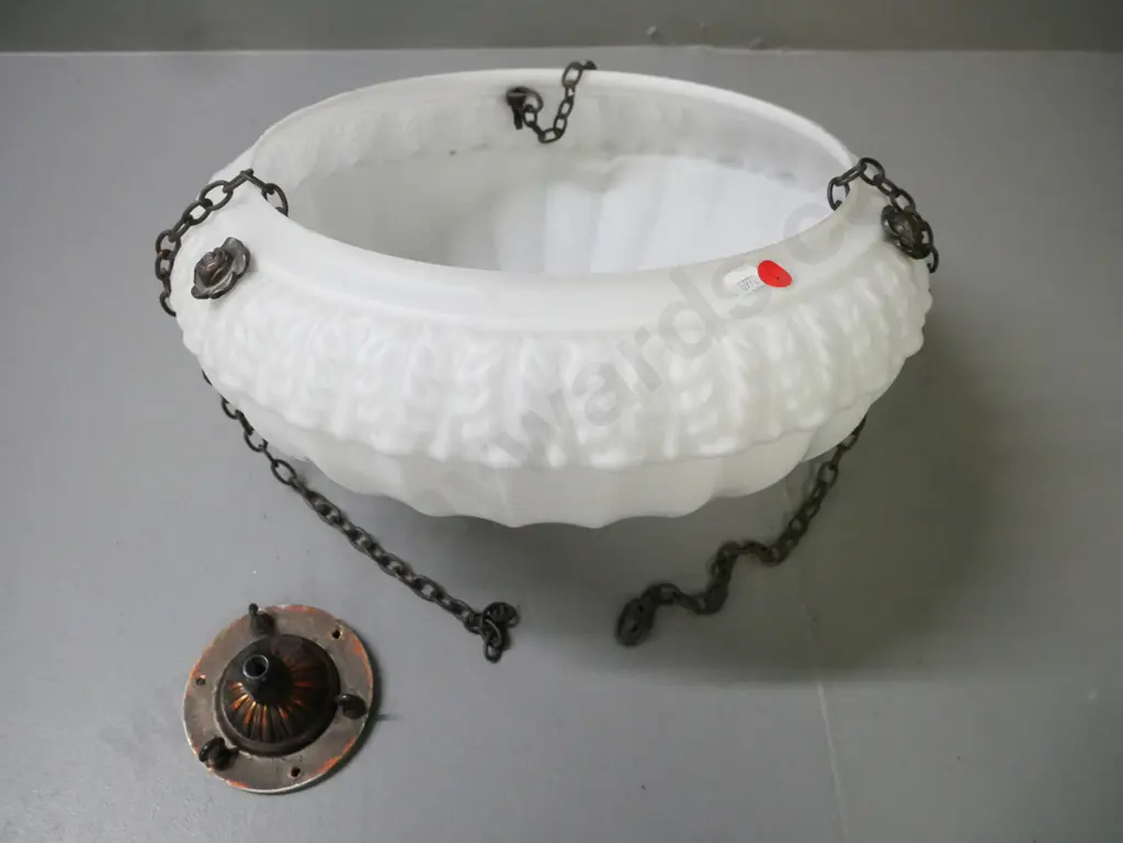 Vintage milk-glass pendant light ribbed & foliate w/ floral metal accents, gravity chains & ceiling gallery H-200 D-360 Image 1++
