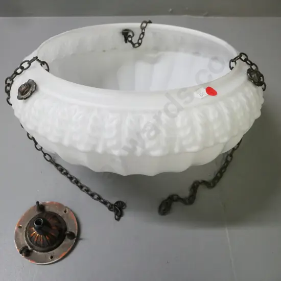 Vintage milk-glass pendant light ribbed & foliate w/ floral metal accents, gravity chains & ceiling gallery H-200 D-360