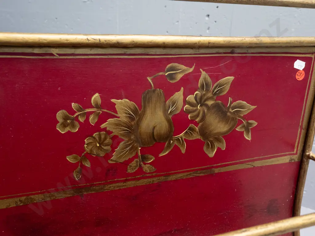 vintage tole-ware magazine rack - curved tin in gold painted metal frame, has had some repairs and touch-ups H-550 W-470 Image 1++