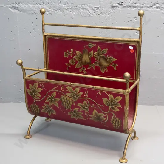 vintage tole-ware magazine rack - curved tin in gold painted metal frame, has had some repairs and touch-ups H-550 W-470