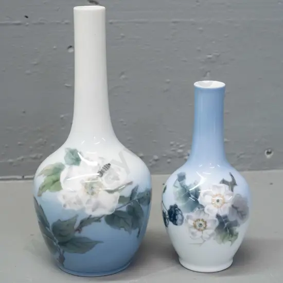 2 Royal Copenhagen bottle vases - larger has floral and bee design H-200