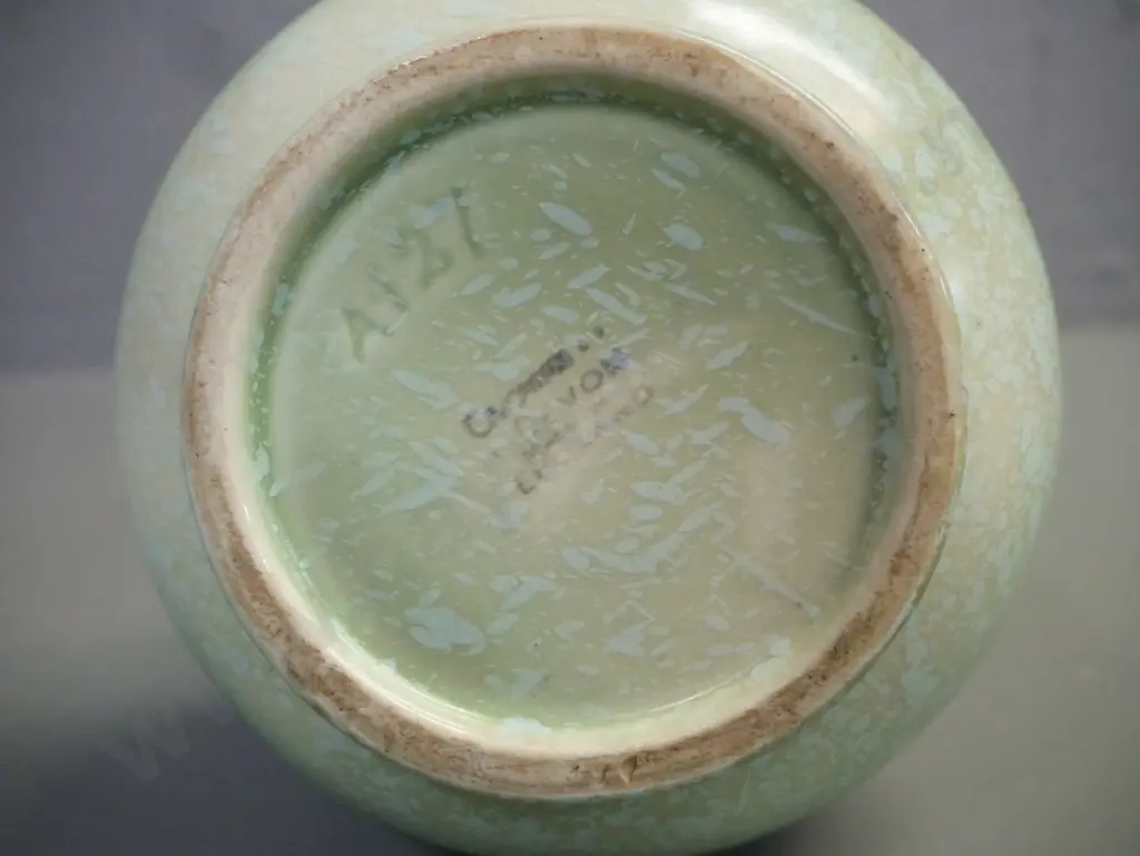 Crown Devon Art Deco style ewer shaped vase faceted sides stepped top rim green mottled glaze H-260 D-120 Image 1++