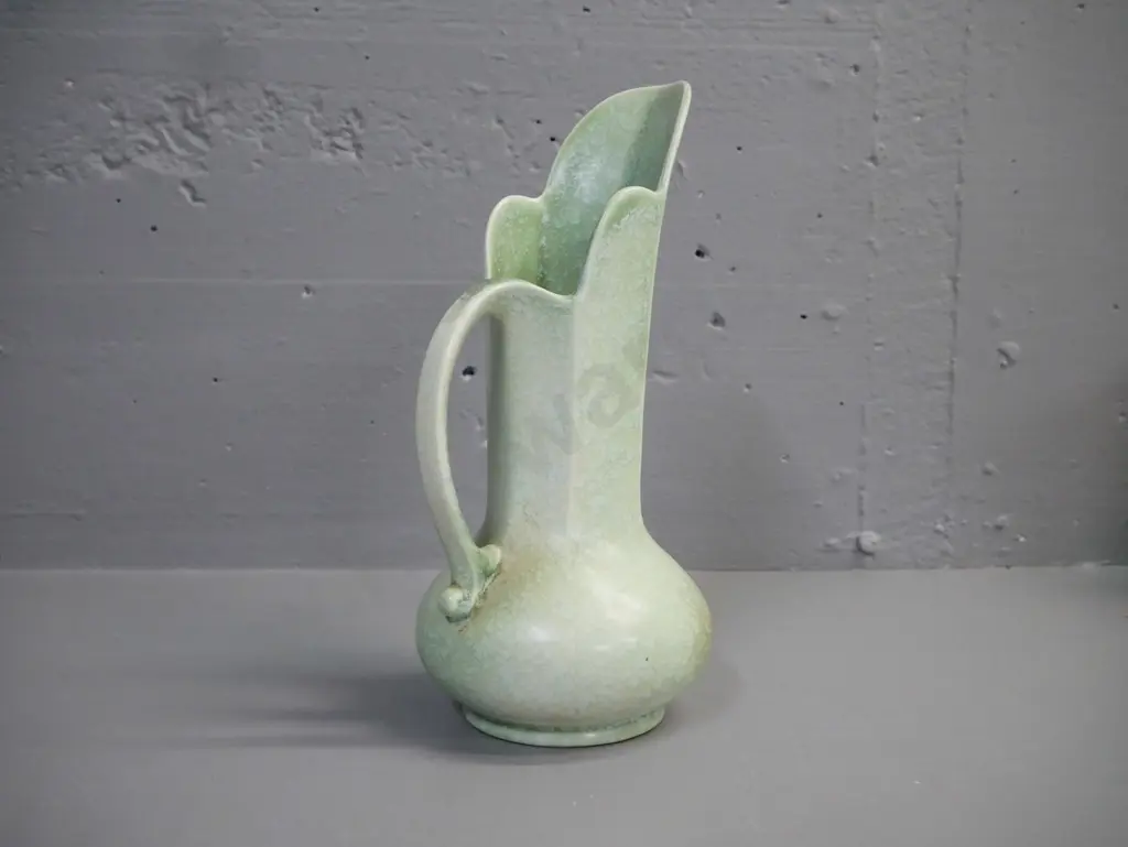 Crown Devon Art Deco style ewer shaped vase faceted sides stepped top rim green mottled glaze H-260 D-120 Image 1++