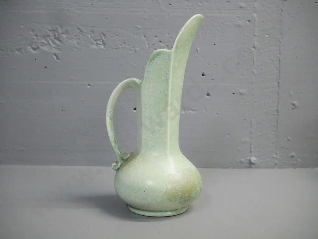 Crown Devon Art Deco style ewer shaped vase faceted sides stepped top rim green mottled glaze H-260 D-120 Image 1++