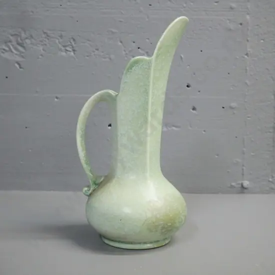 Crown Devon Art Deco style ewer shaped vase faceted sides stepped top rim green mottled glaze H-260 D-120