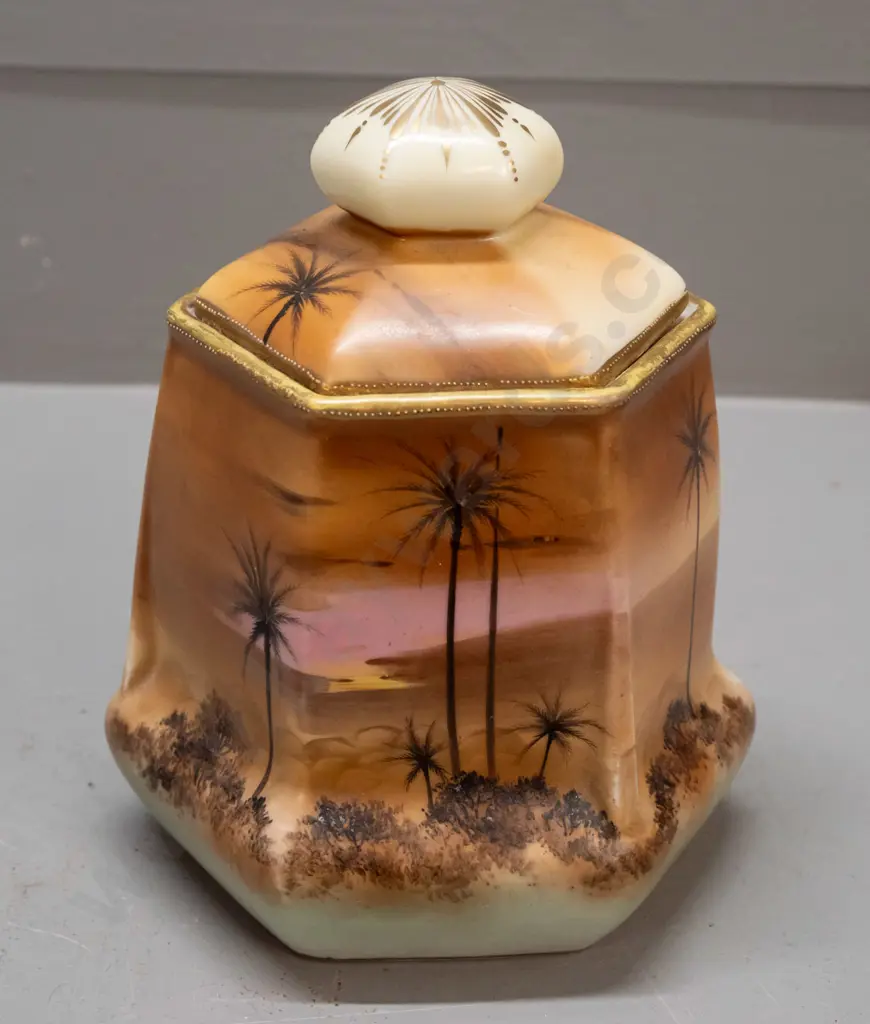 Japanese hand painted lidded 6-sided canister - some loss/wear to decoration - marked Royal Nippon Japan H-180 Image 1++
