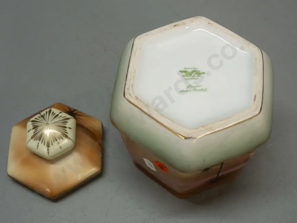 Japanese hand painted lidded 6-sided canister - some loss/wear to decoration - marked Royal Nippon Japan H-180 Image 1++